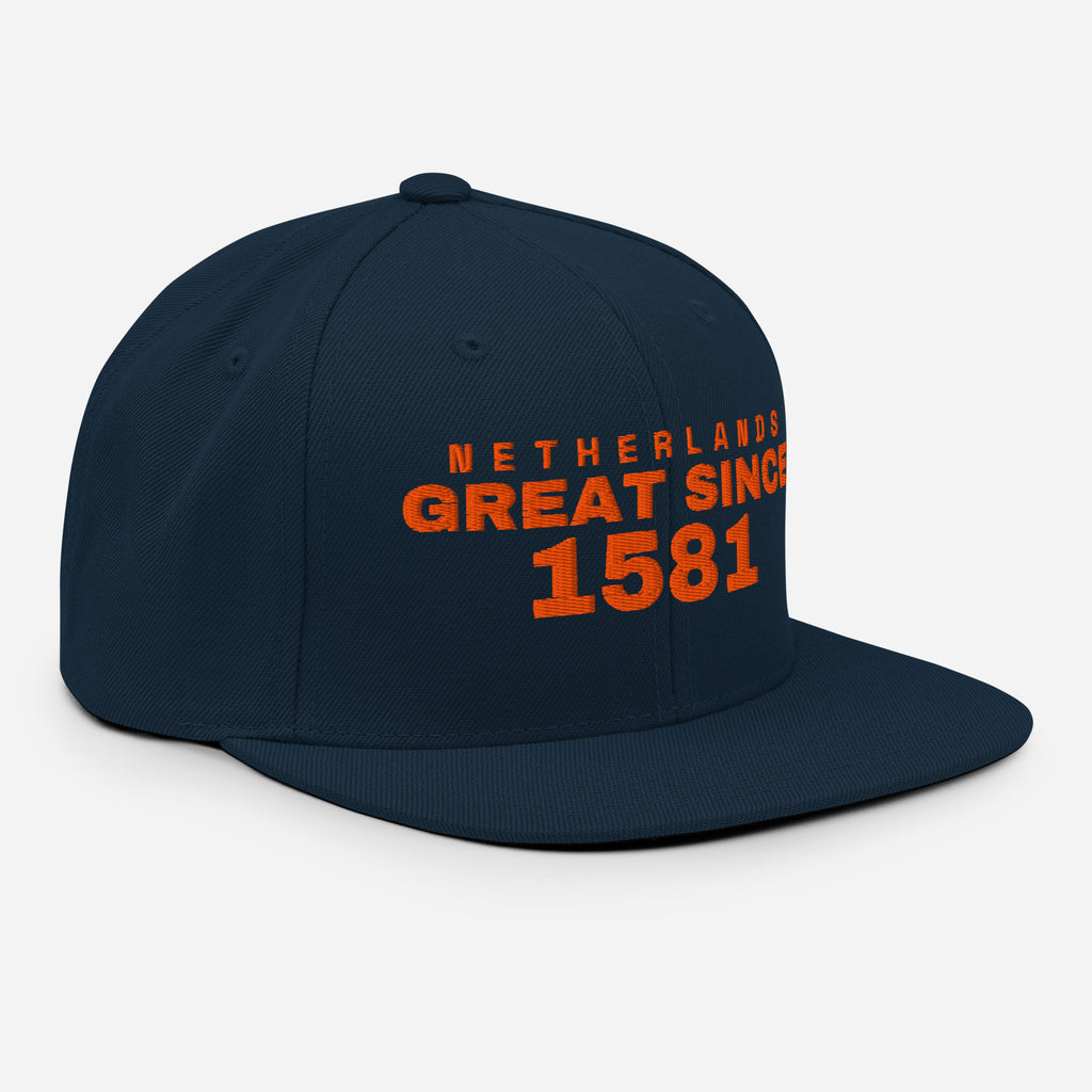 Navy and red snapback cap with NETHERLANDS GREAT SINCE 1581 embroidery