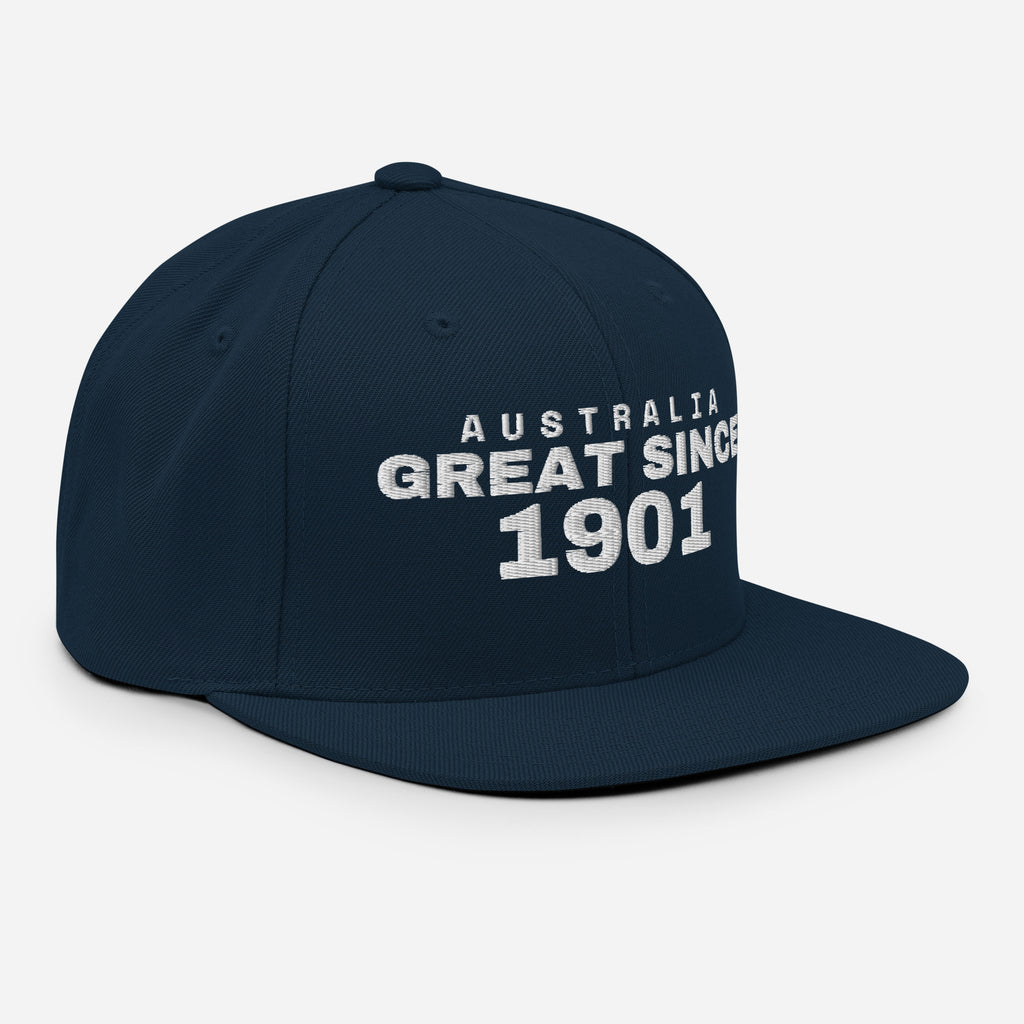 Navy snapback cap with AUSTRALIA GREAT SINCE 1901 embroidery