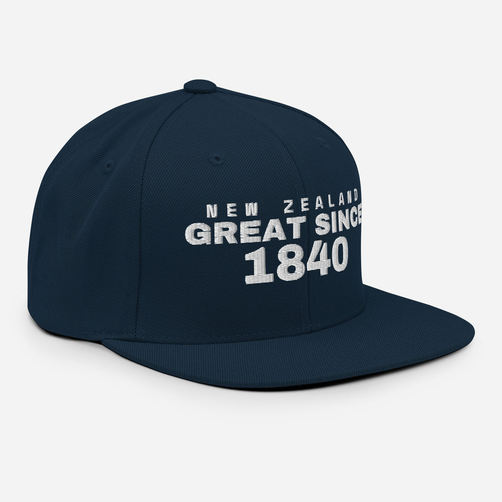 Navy snapback cap with NEW ZEALAND GREAT SINCE 1840 embroidery