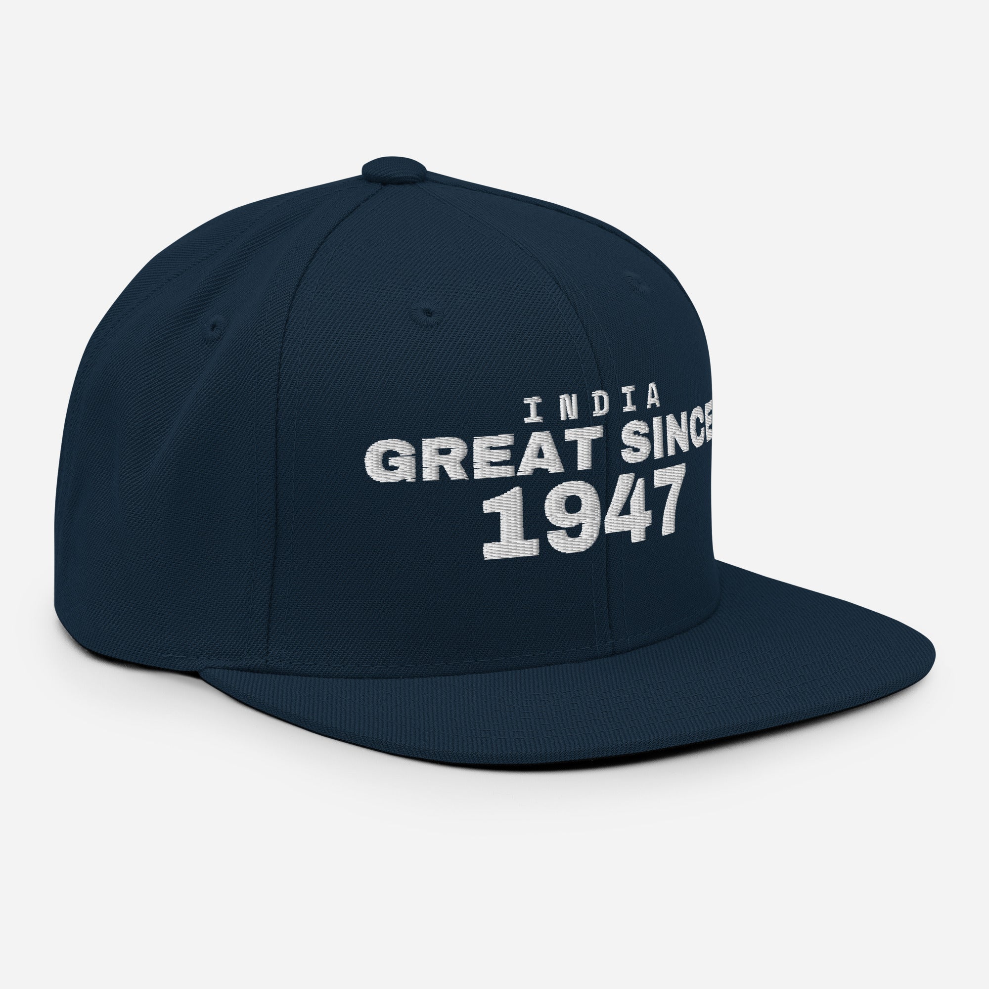 Navy snapback cap with INDIA GREAT SINCE 1947 embroidery