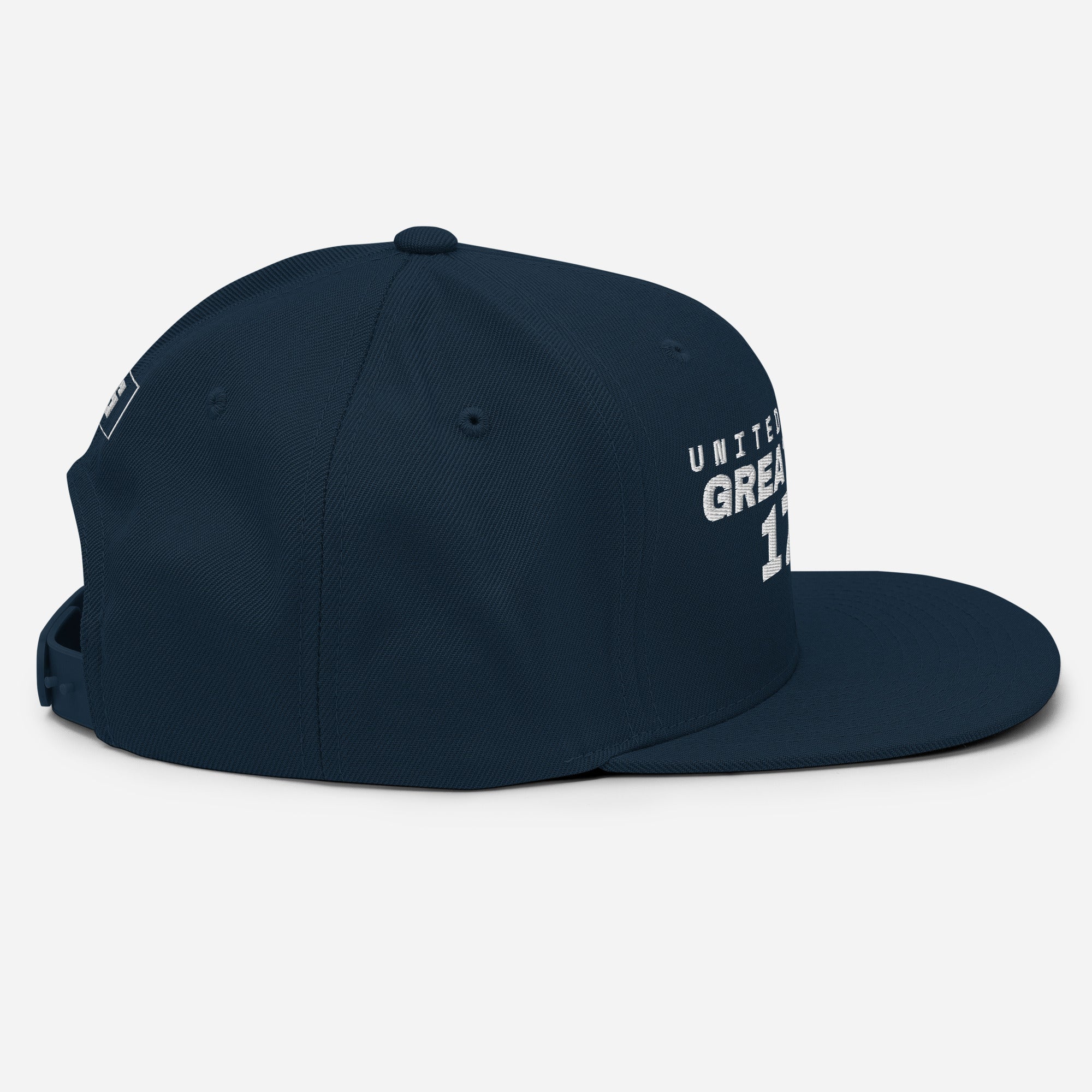 Dark navy snapback cap with UNITED KINGDOM GREAT SINCE 1707 embroidery