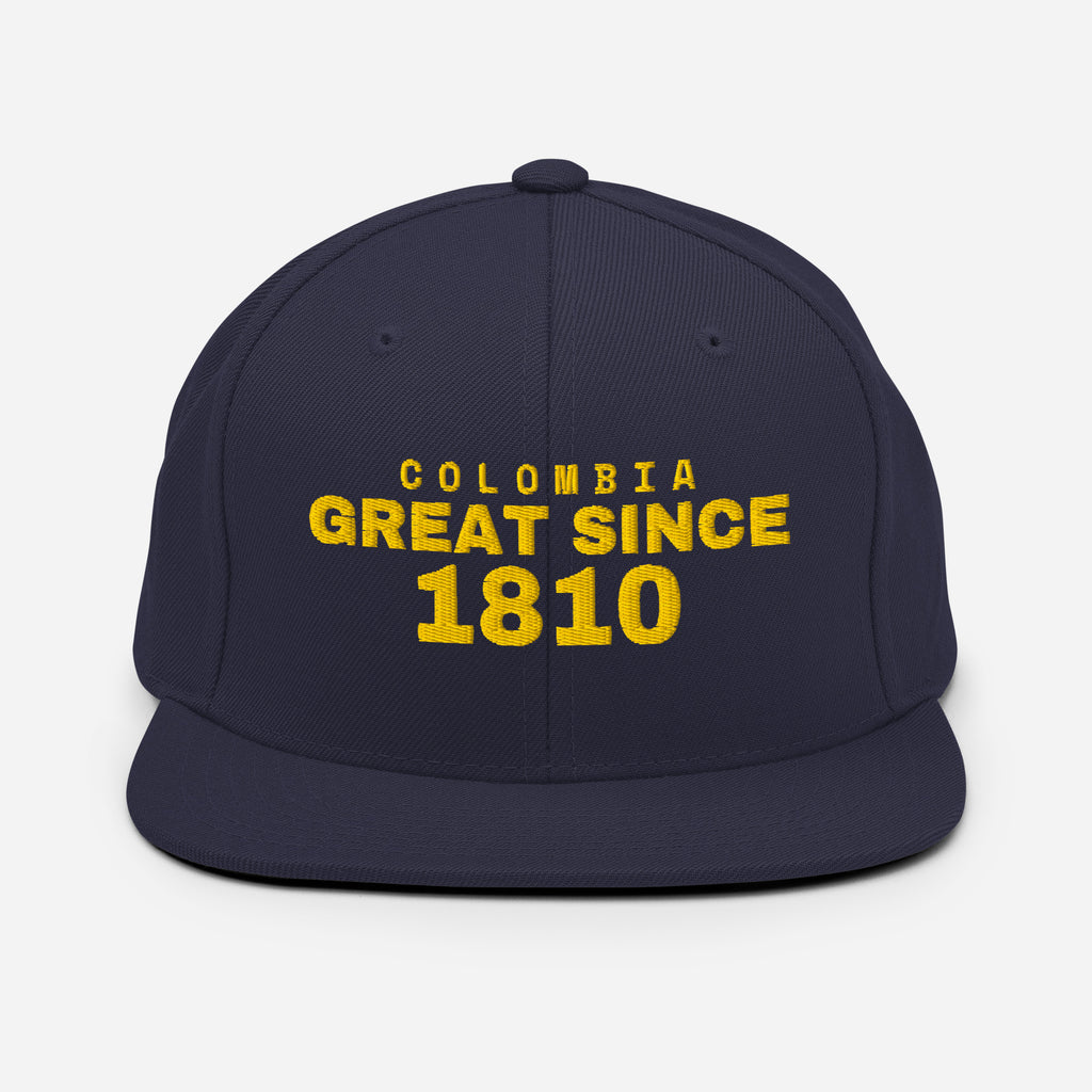 Navy snapback cap with COLOMBIA GREAT SINCE 1810 embroidery