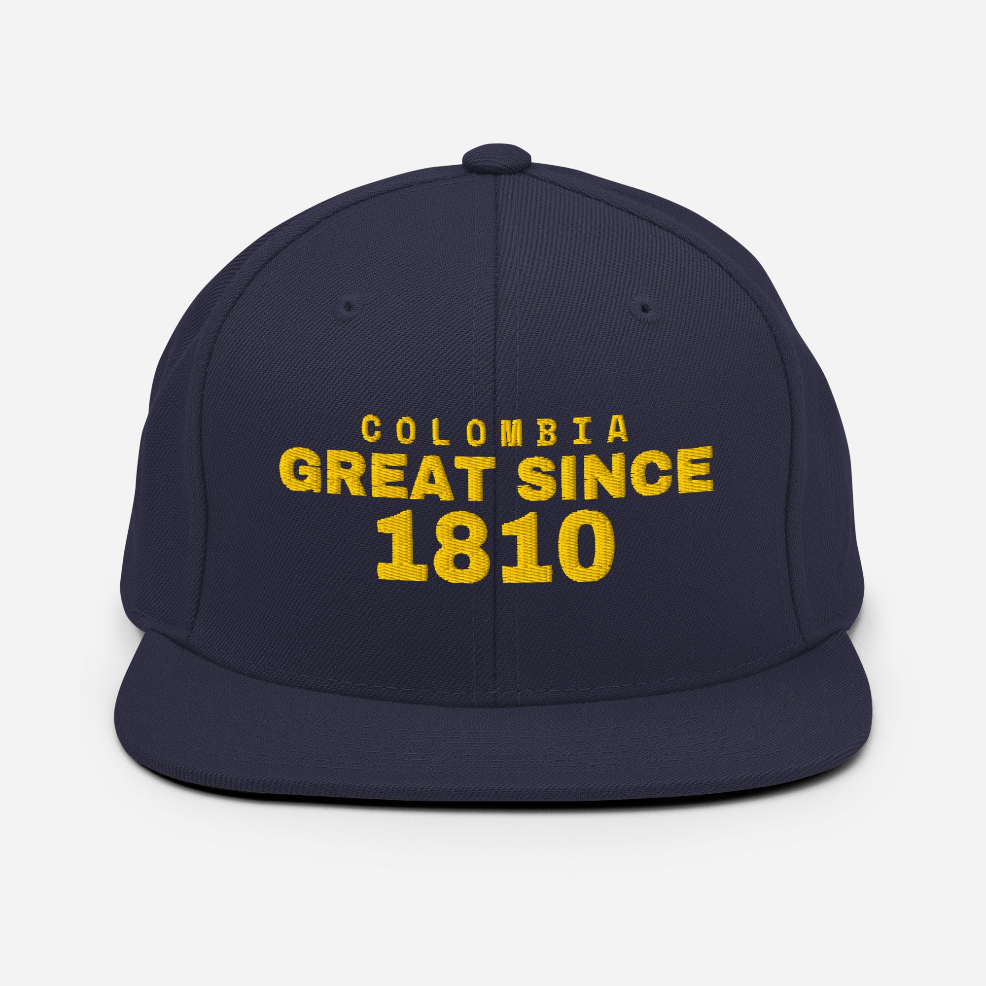 Navy snapback cap with COLOMBIA GREAT SINCE 1810 embroidery
