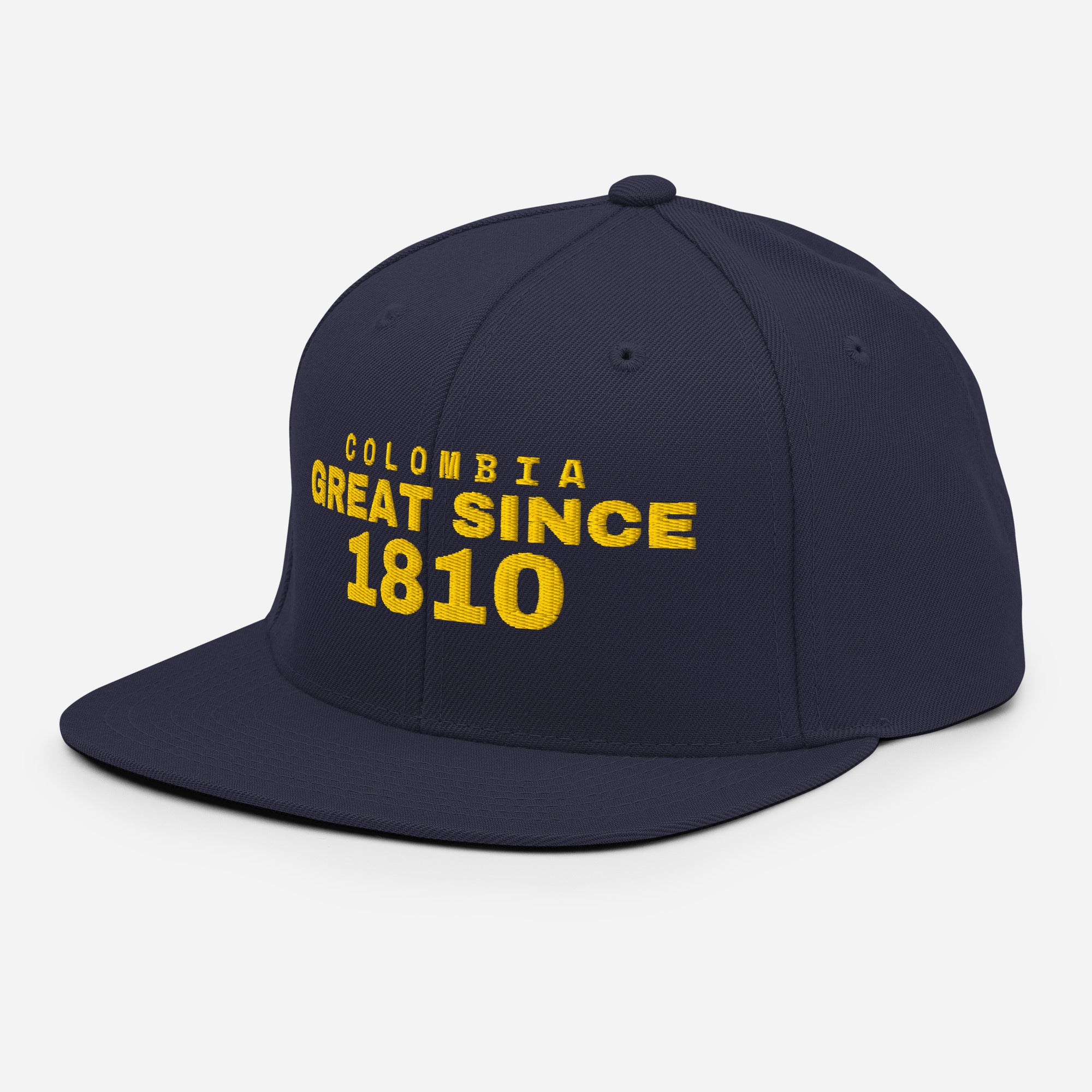Navy snapback cap with COLOMBIA GREAT SINCE 1810 embroidery