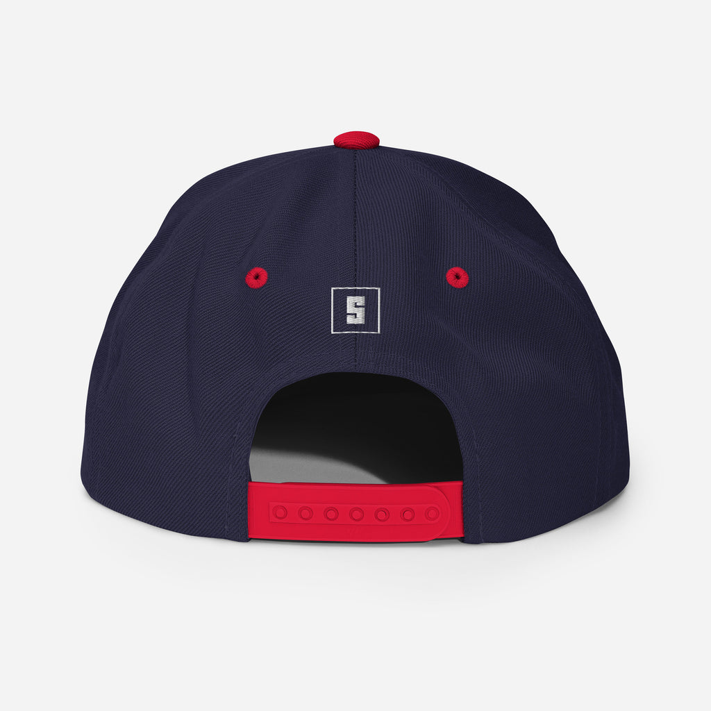 Navy and red snapback cap with USA GREAT SINCE 1776 embroidery