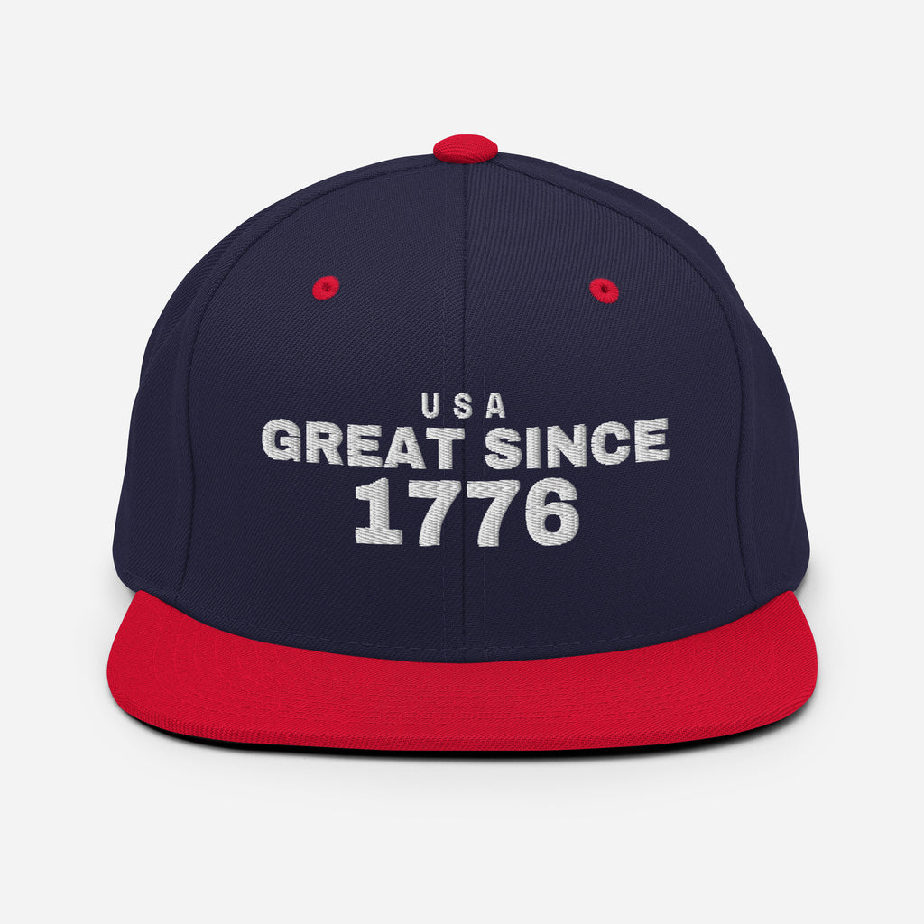 Navy and red snapback cap with USA GREAT SINCE 1776 embroidery