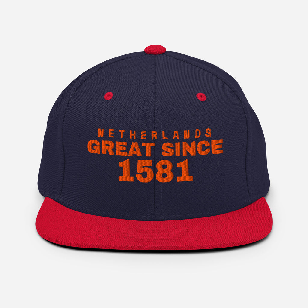 Navy and red snapback cap with NETHERLANDS GREAT SINCE 1581 embroidery