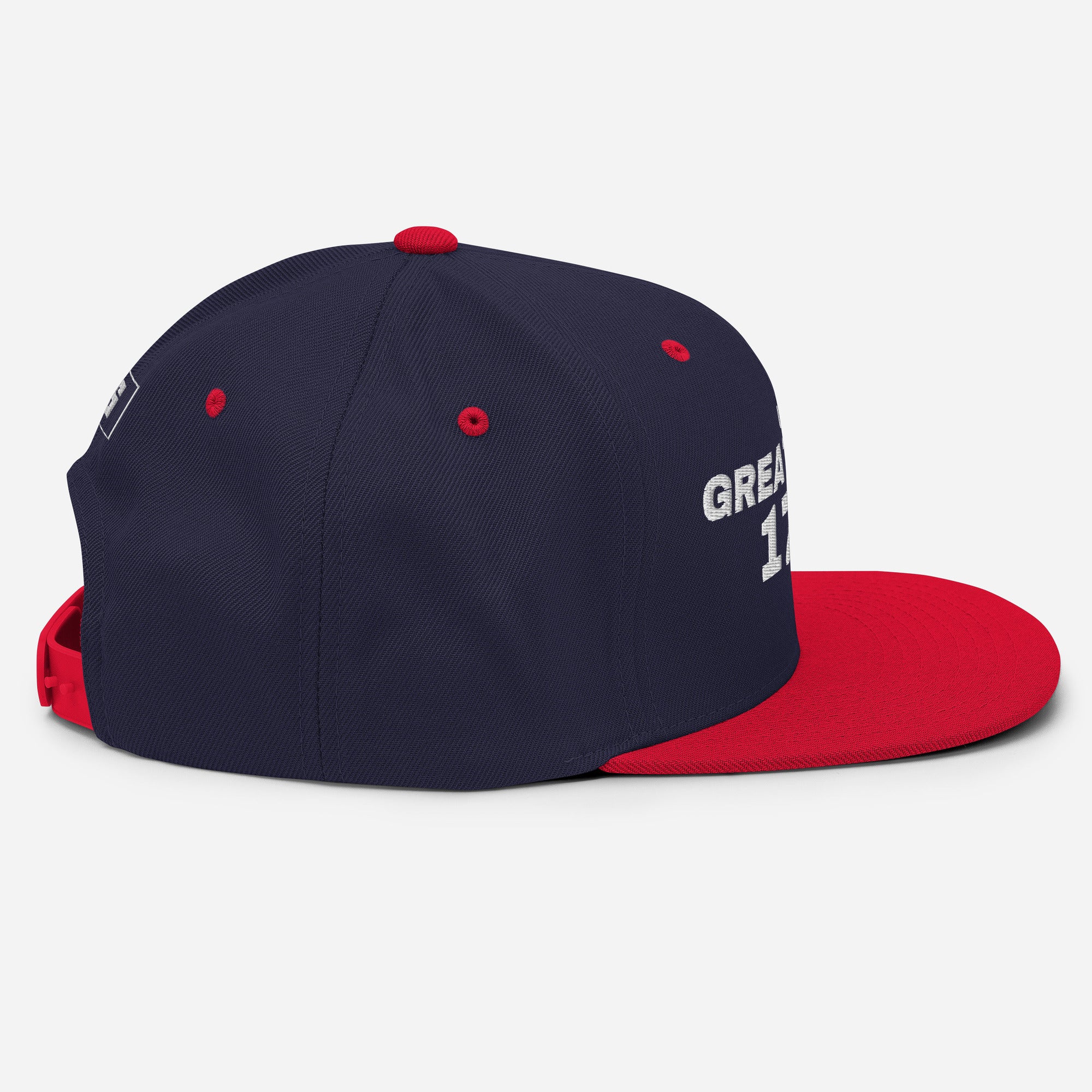 Navy and red snapback cap with USA GREAT SINCE 1776 embroidery