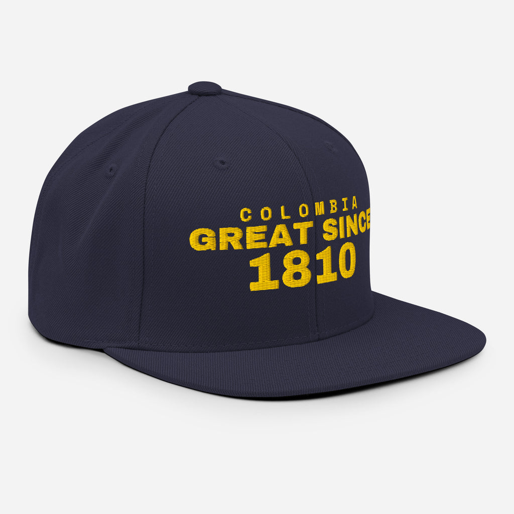 Navy snapback cap with COLOMBIA GREAT SINCE 1810 embroidery