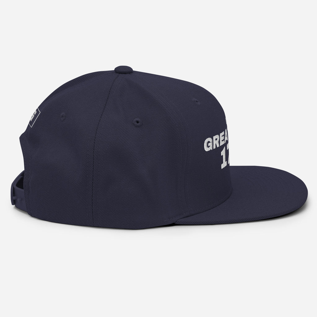 Navy and red snapback cap with USA GREAT SINCE 1776 embroidery