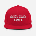 Red snapback cap with SWITZERLAND GREAT SINCE 1291 embroidery