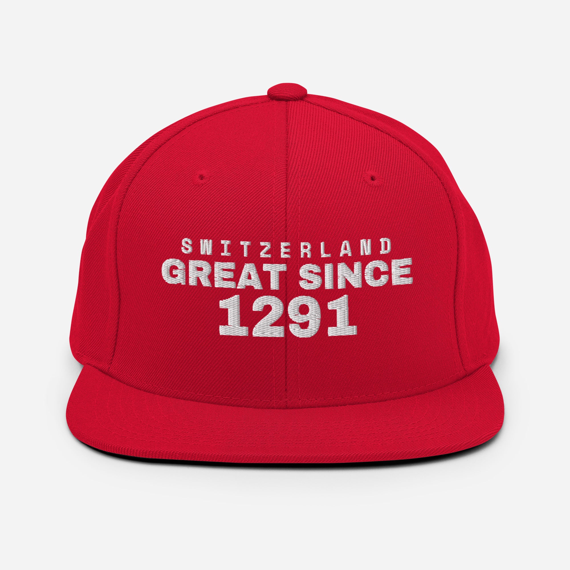 Red snapback cap with SWITZERLAND GREAT SINCE 1291 embroidery