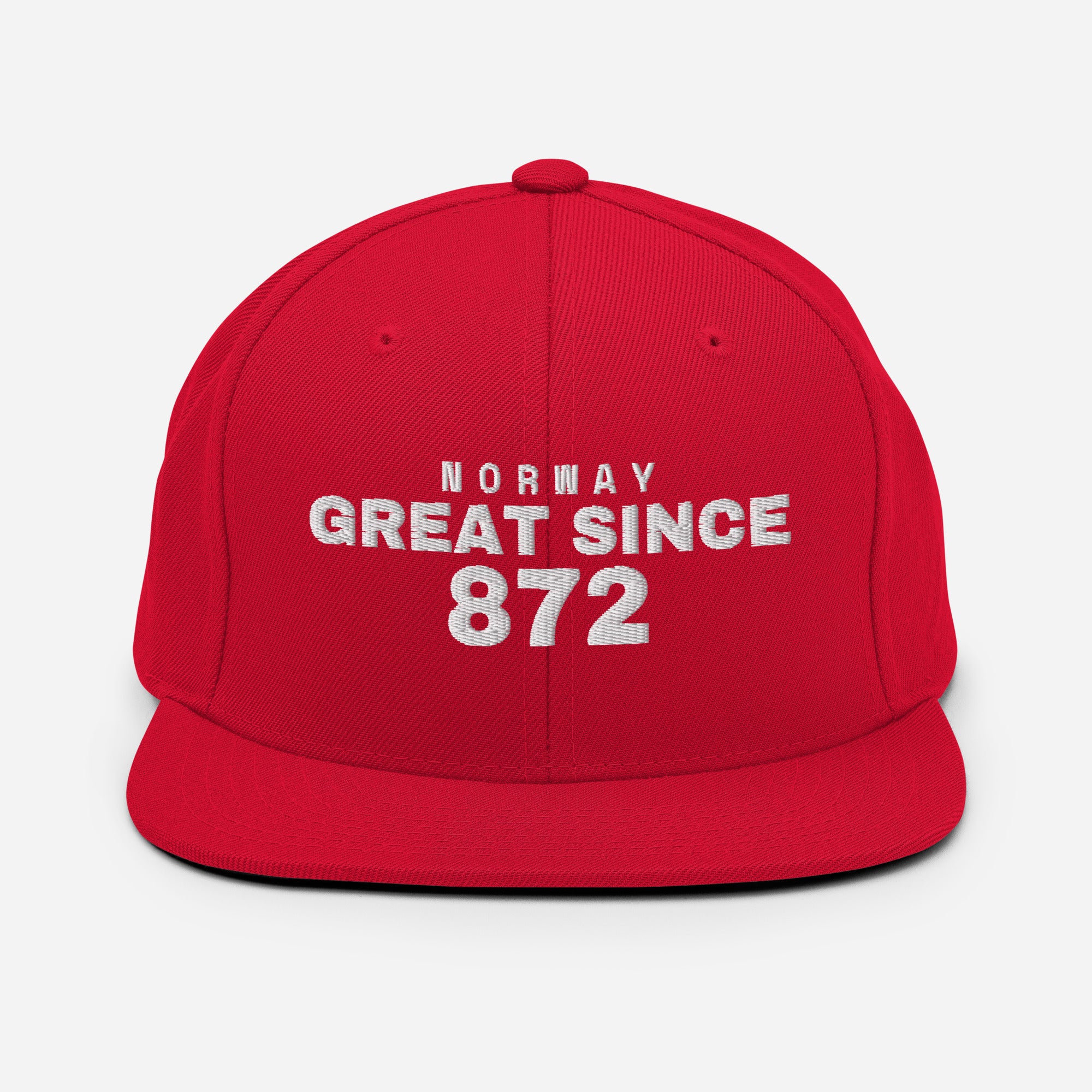 Red snapback cap with NORWAY GREAT SINCE 872 embroidery