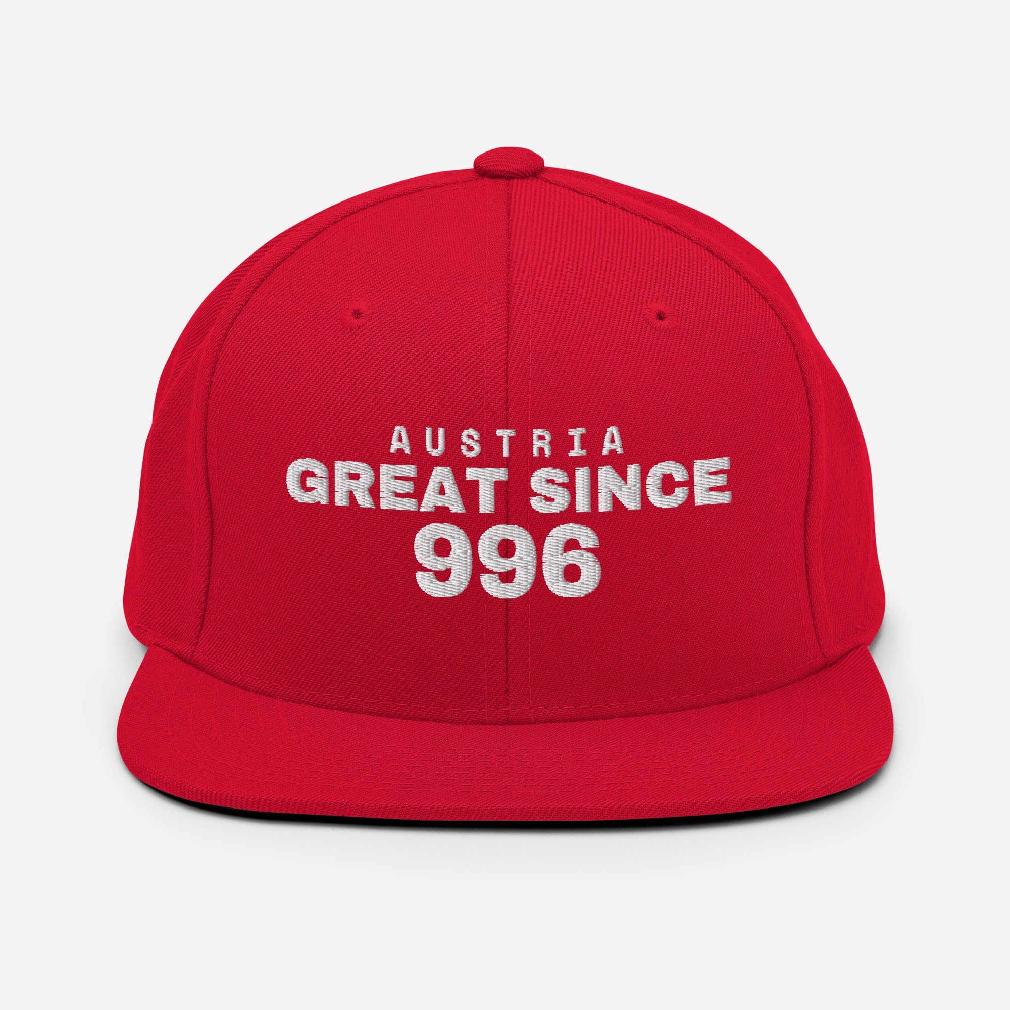 Red snapback cap with AUSTRIA GREAT SINCE 996 embroidery