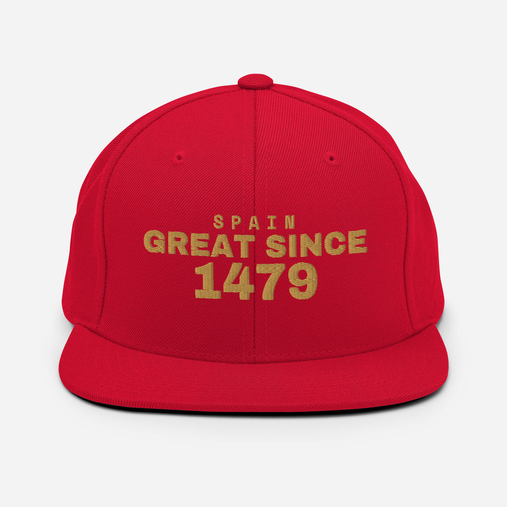 Red snapback cap with SPAIN GREAT SINCE 1479 embroidery