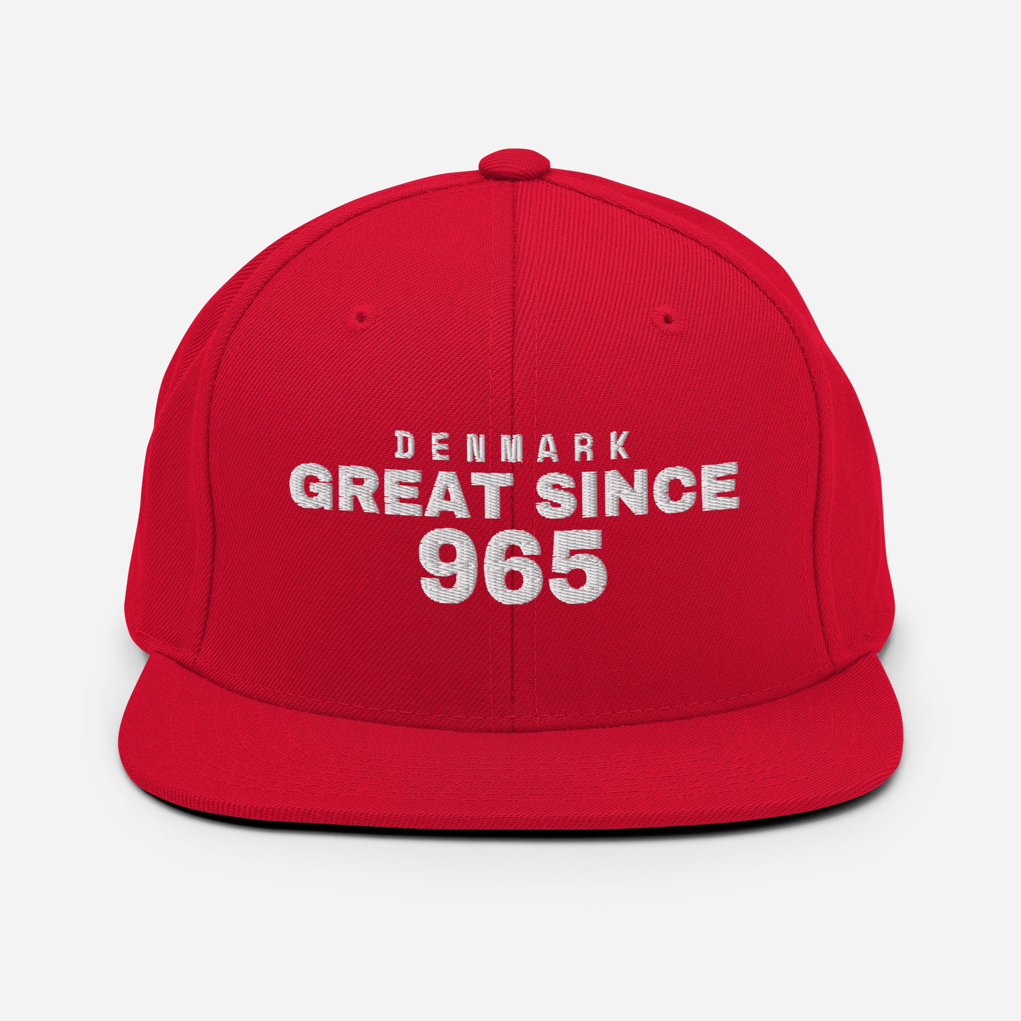 Red snapback cap with DENMARK GREAT SINCE 965 embroidery