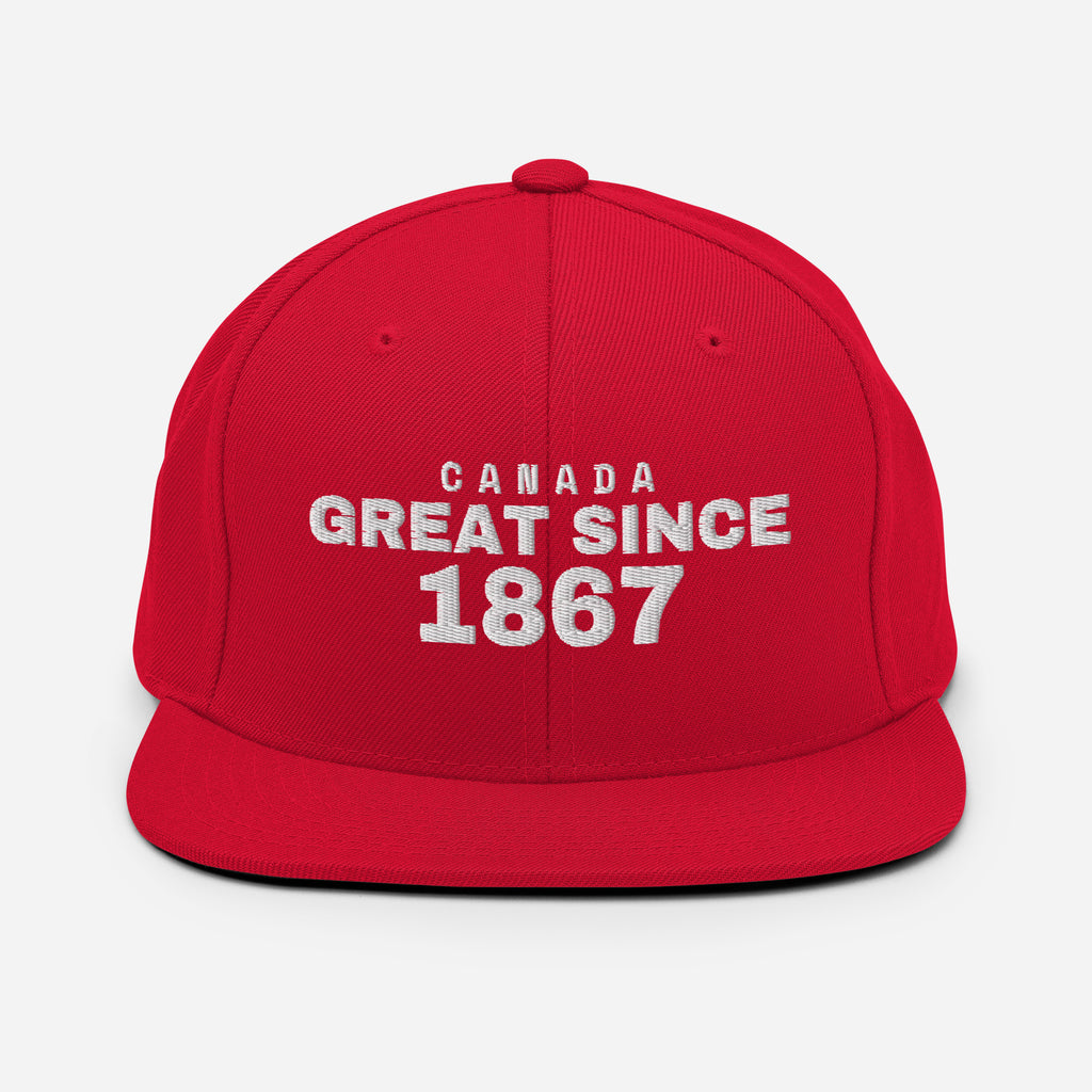 Red snapback cap with CANADA GREAT SINCE 1867 embroidery