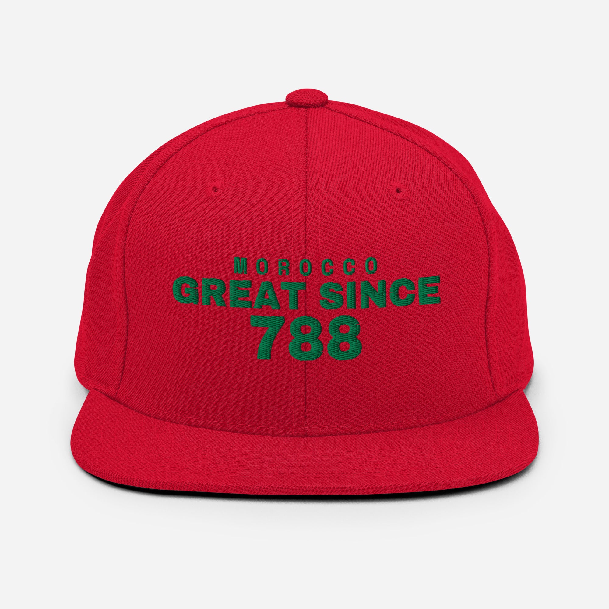Red snapback cap with MOROCCO GREAT SINCE 788 embroidery