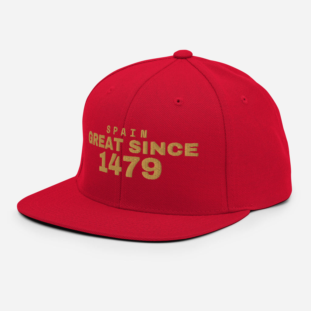 Red snapback cap with SPAIN GREAT SINCE 1479 embroidery