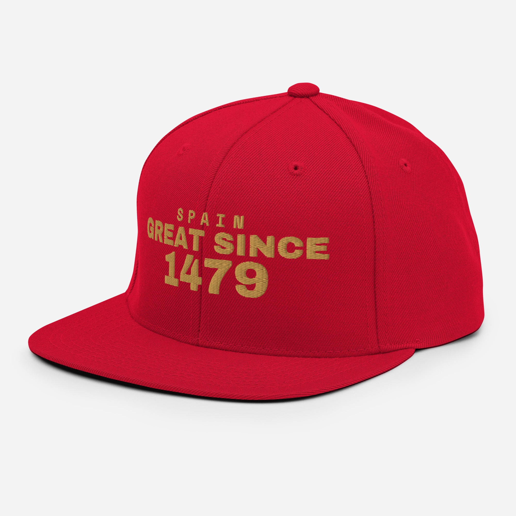Red snapback cap with SPAIN GREAT SINCE 1479 embroidery