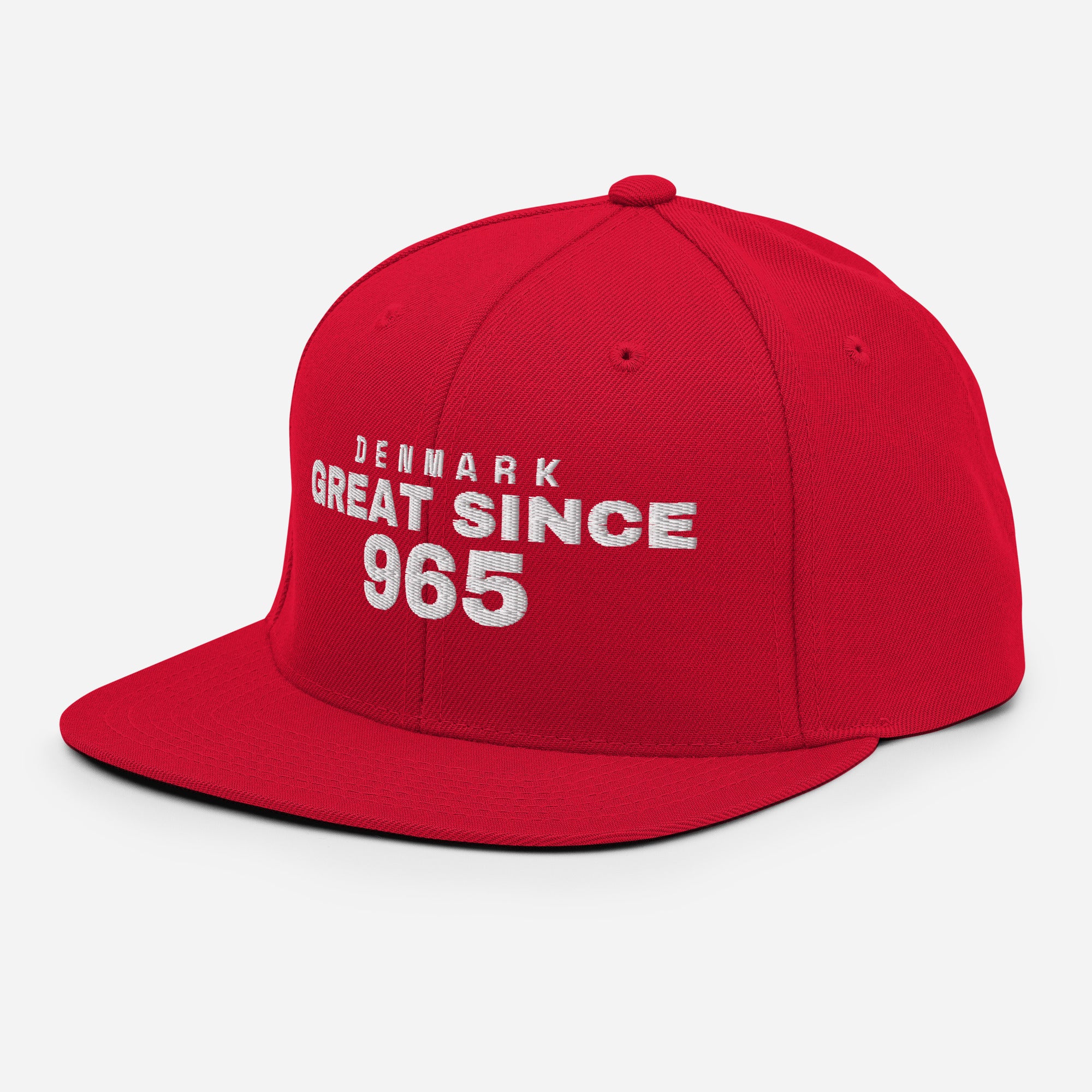 Red snapback cap with DENMARK GREAT SINCE 965 embroidery