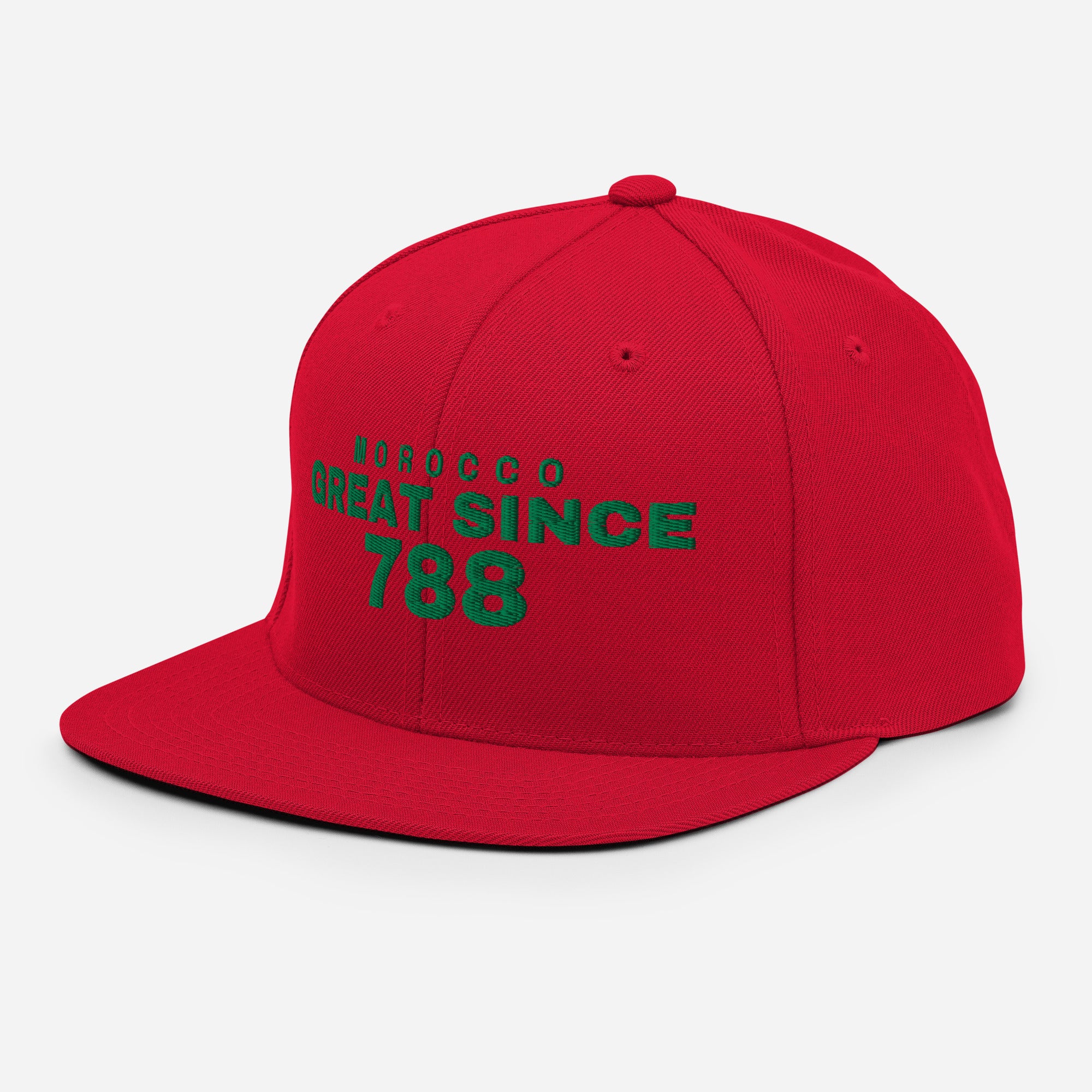 Red snapback cap with MOROCCO GREAT SINCE 788 embroidery