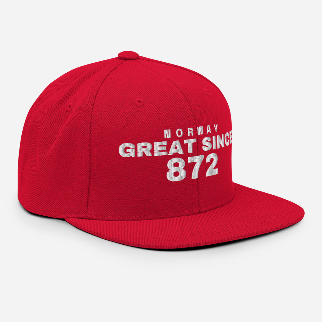 Red snapback cap with NORWAY GREAT SINCE 872 embroidery
