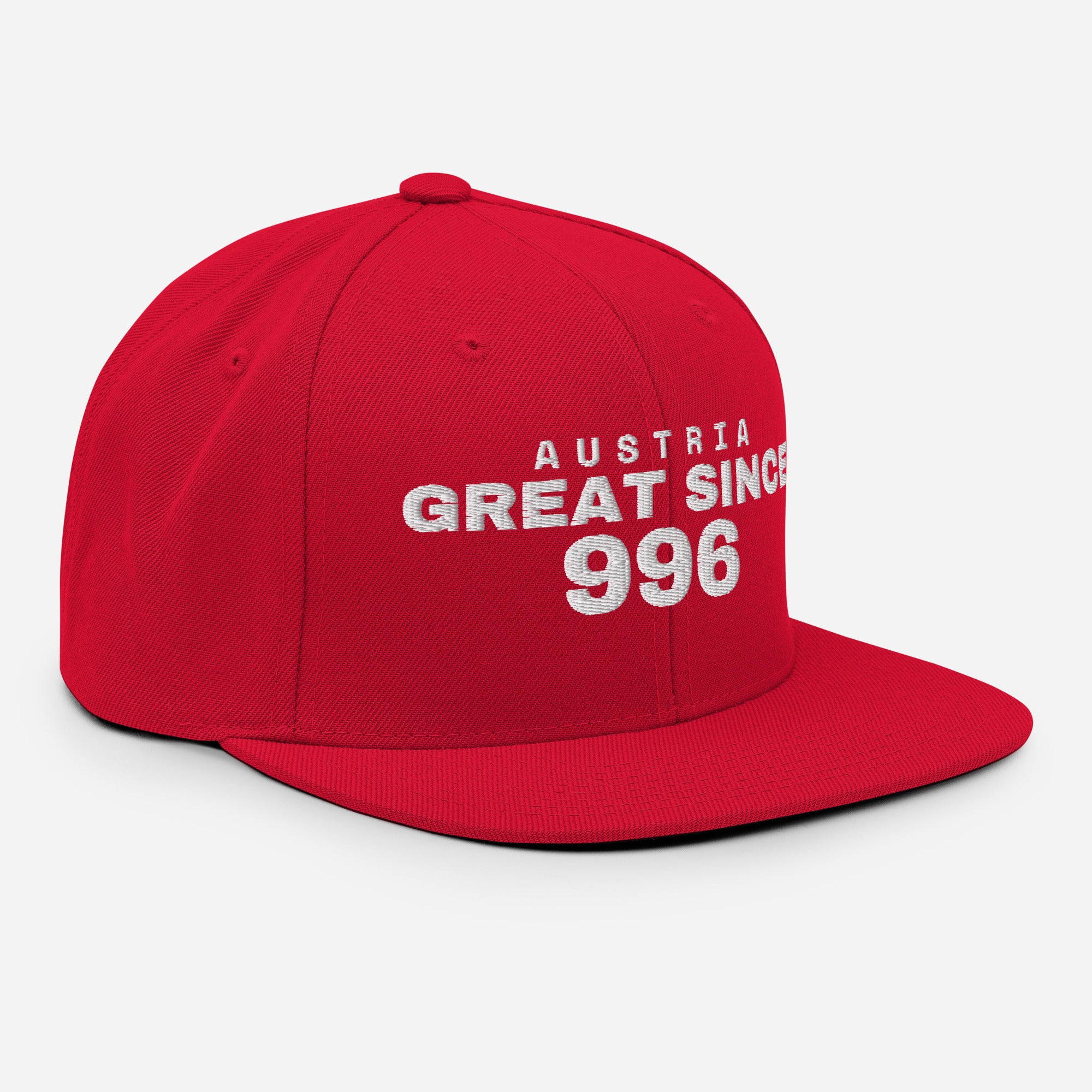 Red snapback cap with AUSTRIA GREAT SINCE 996 embroidery