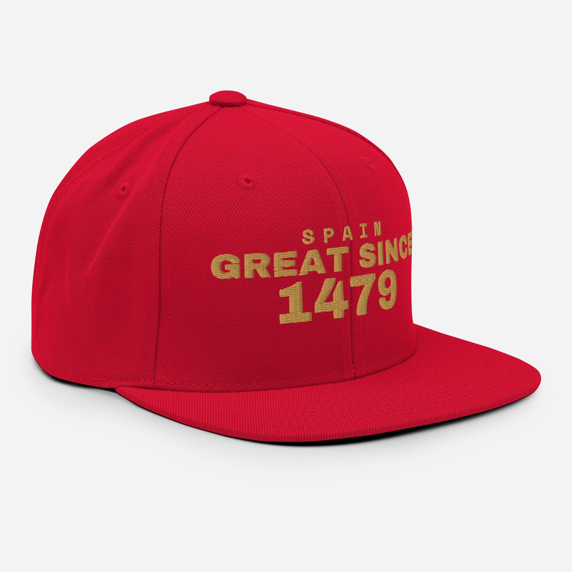 Red snapback cap with SPAIN GREAT SINCE 1479 embroidery