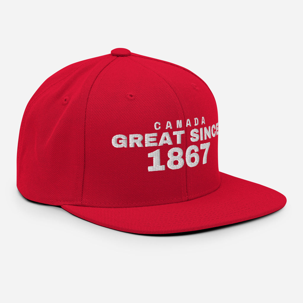 Red snapback cap with CANADA GREAT SINCE 1867 embroidery