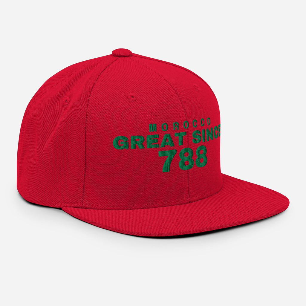 Red snapback cap with MOROCCO GREAT SINCE 788 embroidery