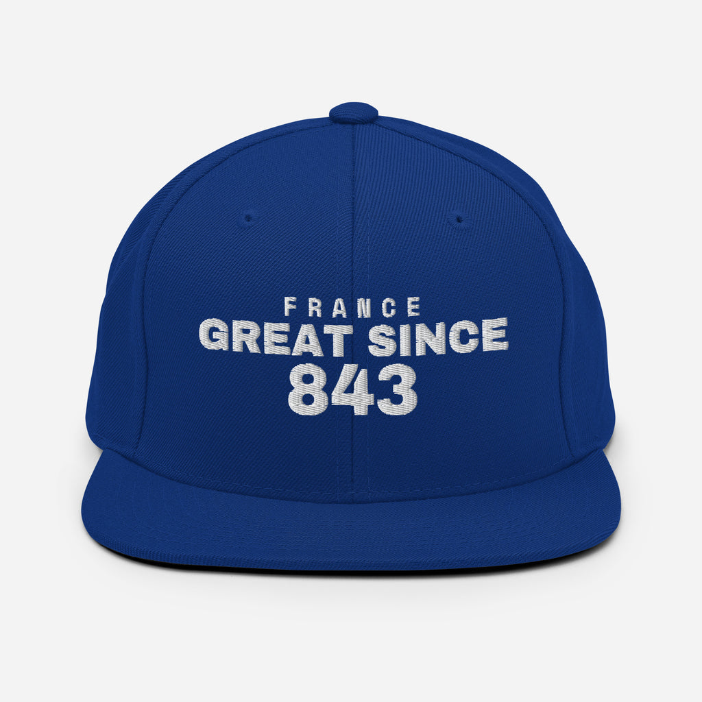 Royal blue snapback cap with FRANCE GREAT SINCE 843 embroidery