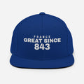 Royal blue snapback cap with FRANCE GREAT SINCE 843 embroidery