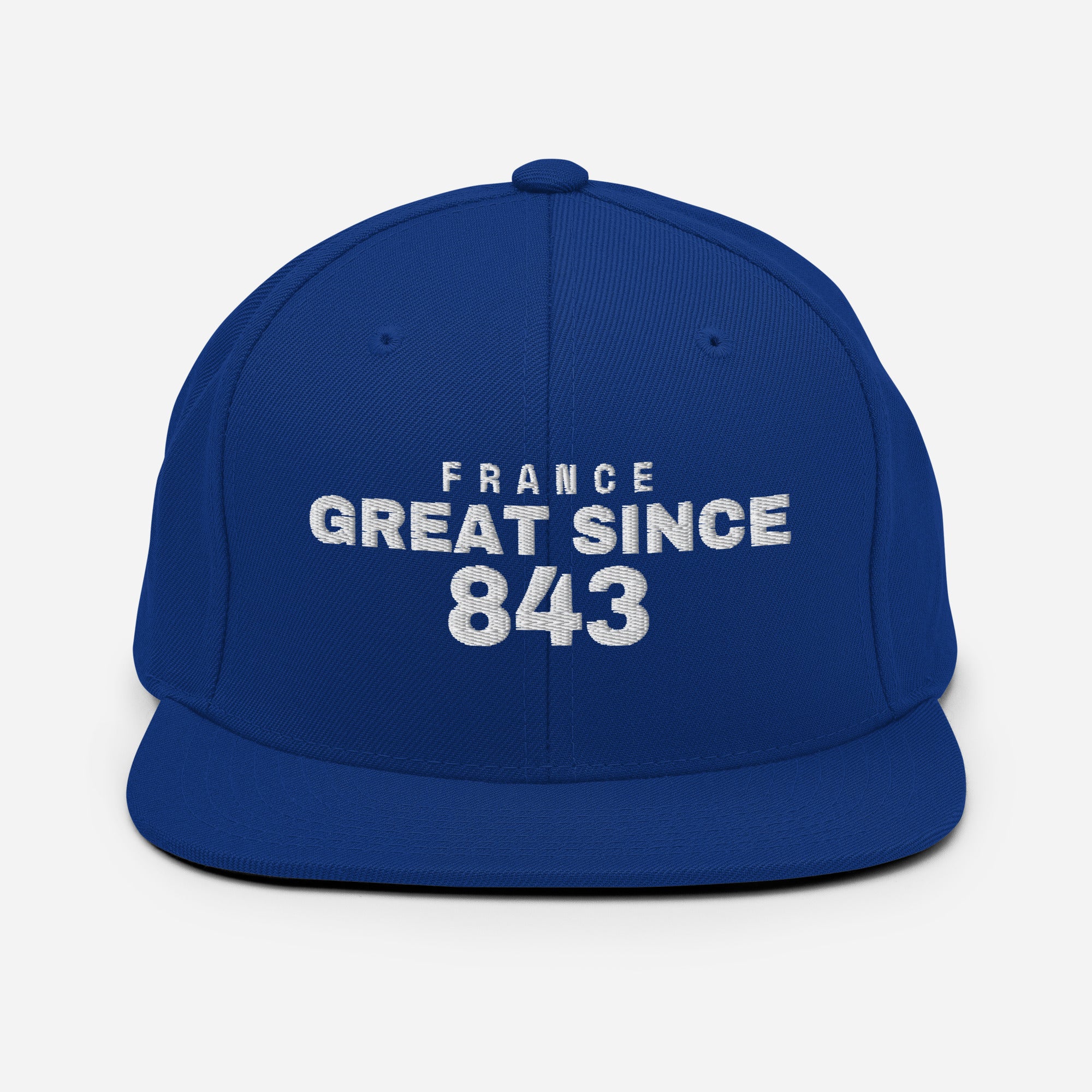 Royal blue snapback cap with FRANCE GREAT SINCE 843 embroidery