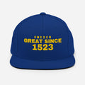 Royal blue snapback cap with SWEDEN GREAT SINCE 1523 embroidery