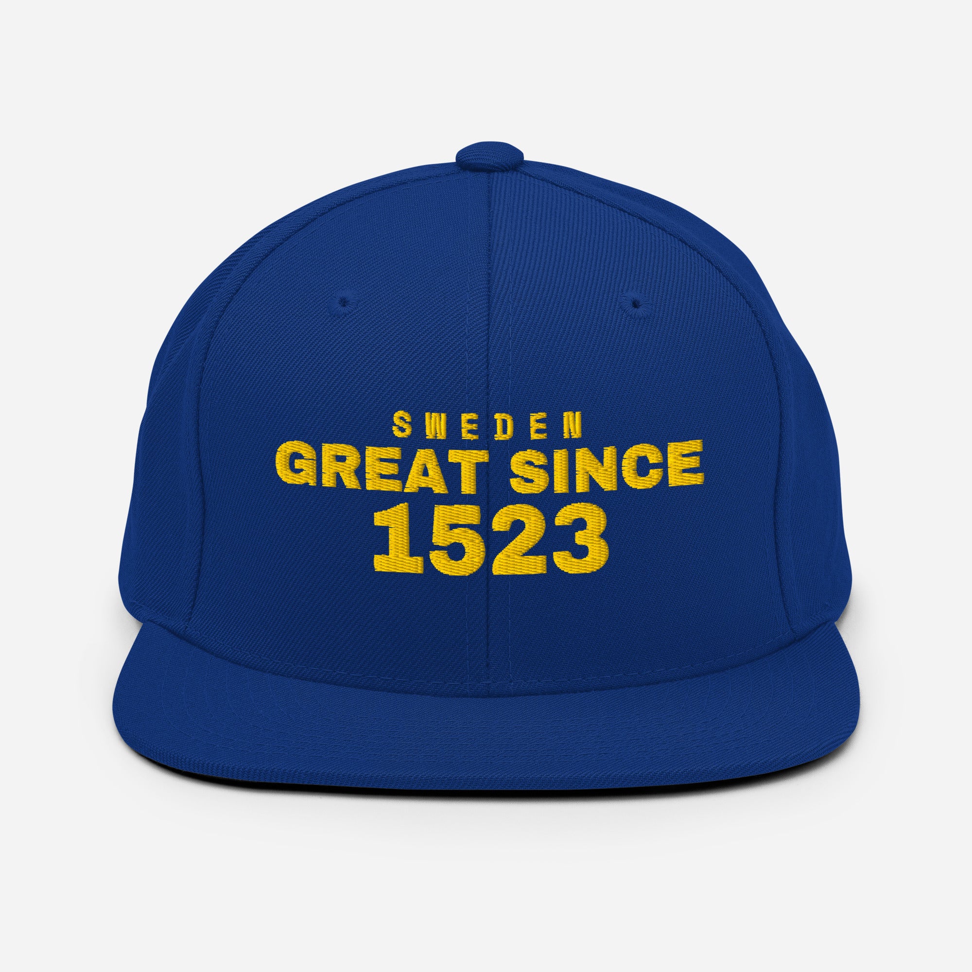 Royal blue snapback cap with SWEDEN GREAT SINCE 1523 embroidery