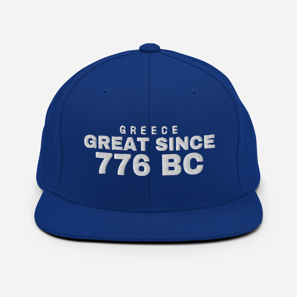 Royal blue snapback cap with GREECE GREAT SINCE 776 BC embroidery
