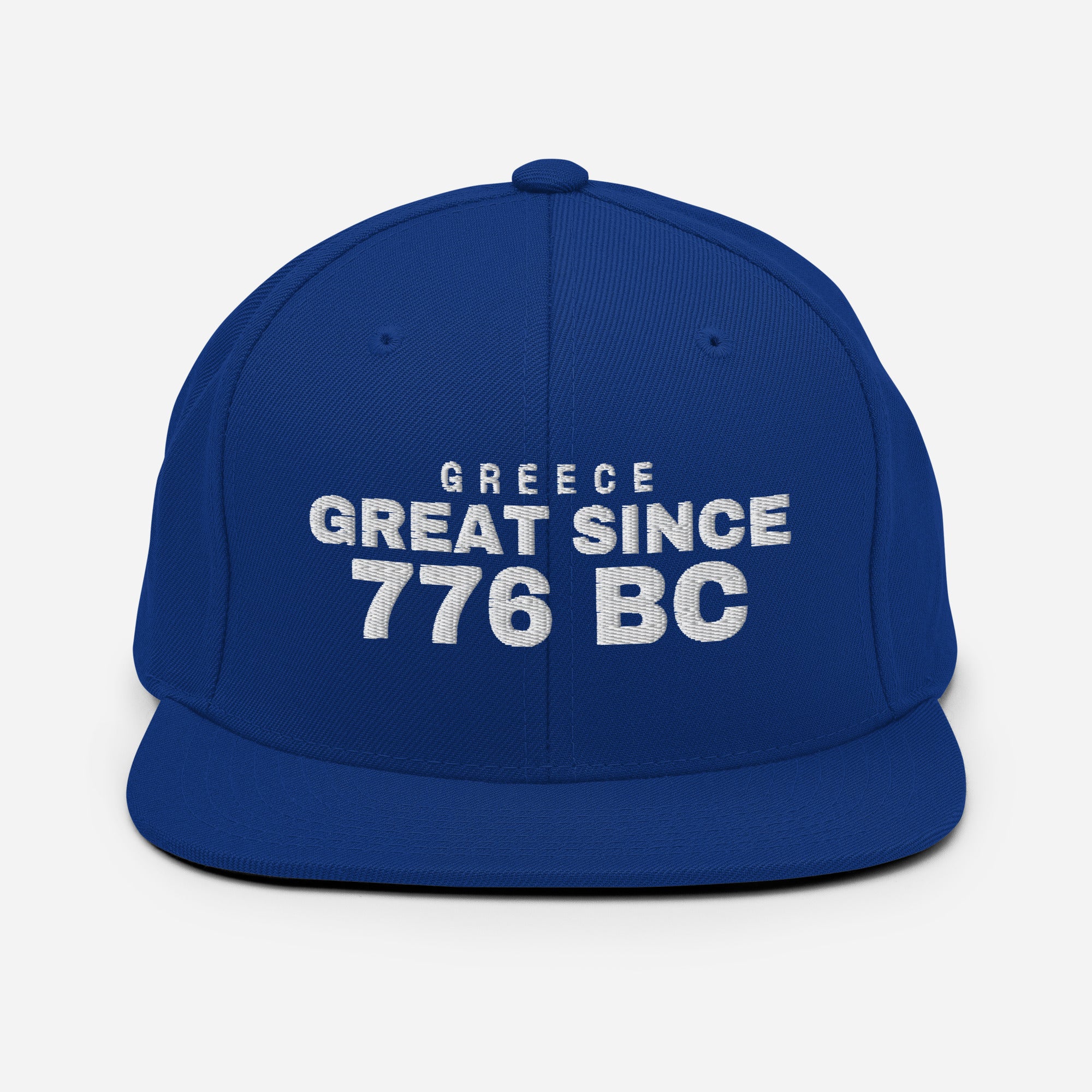 Royal blue snapback cap with GREECE GREAT SINCE 776 BC embroidery
