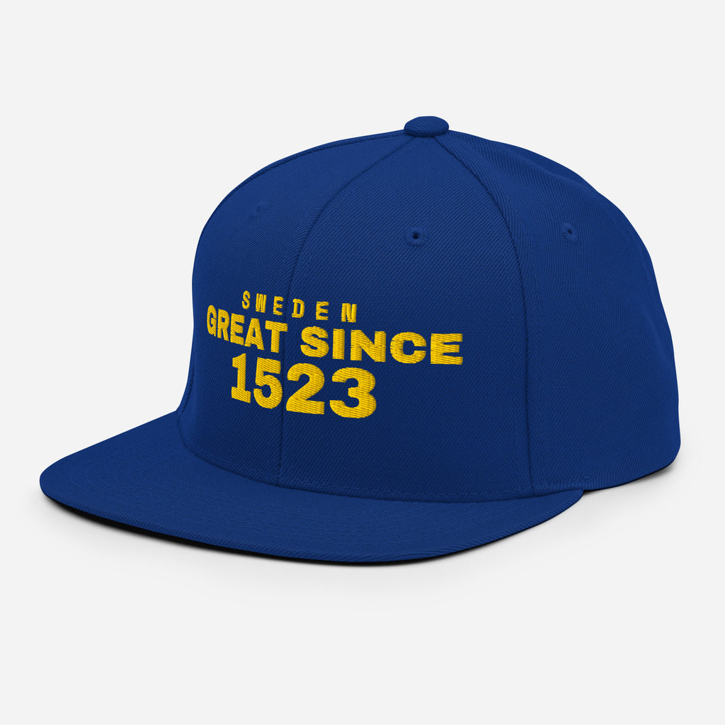 Royal blue snapback cap with SWEDEN GREAT SINCE 1523 embroidery