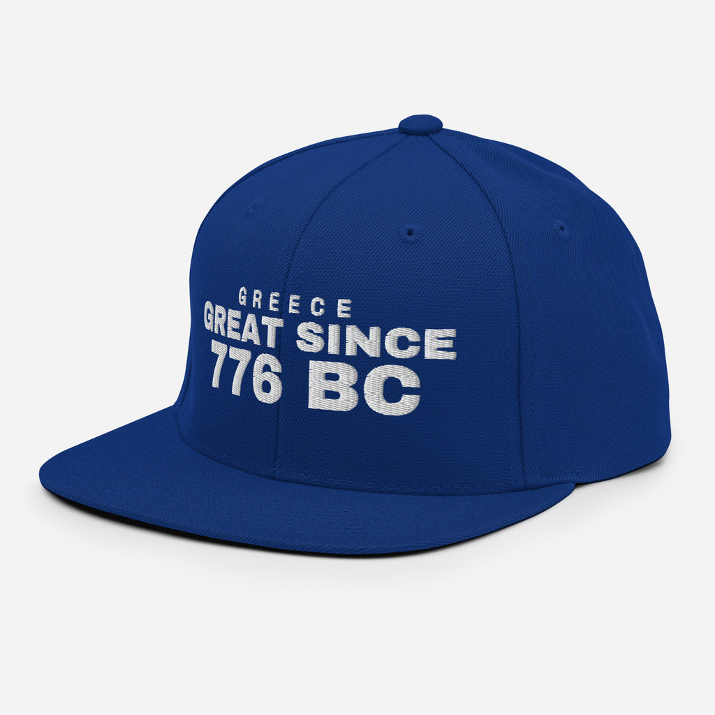 Royal blue snapback cap with GREECE GREAT SINCE 776 BC embroidery