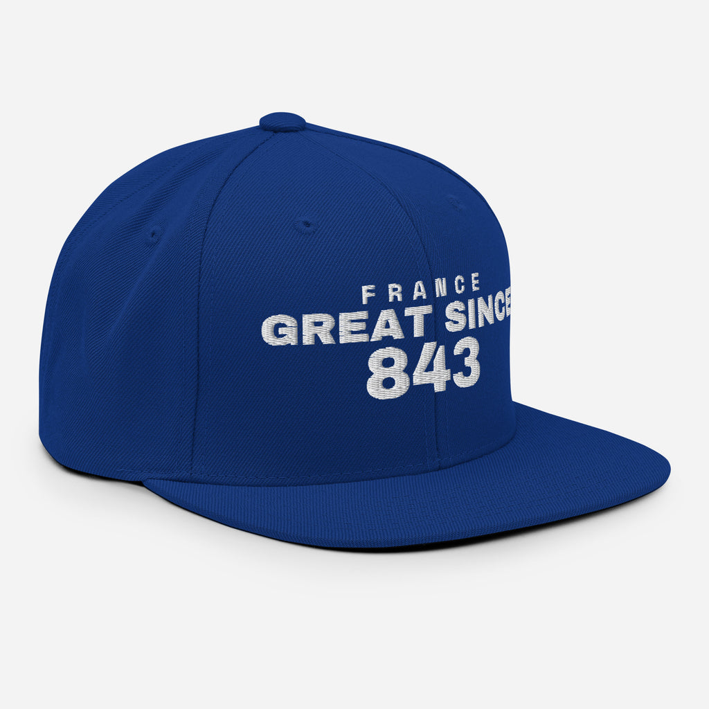 Royal blue snapback cap with FRANCE GREAT SINCE 843 embroidery