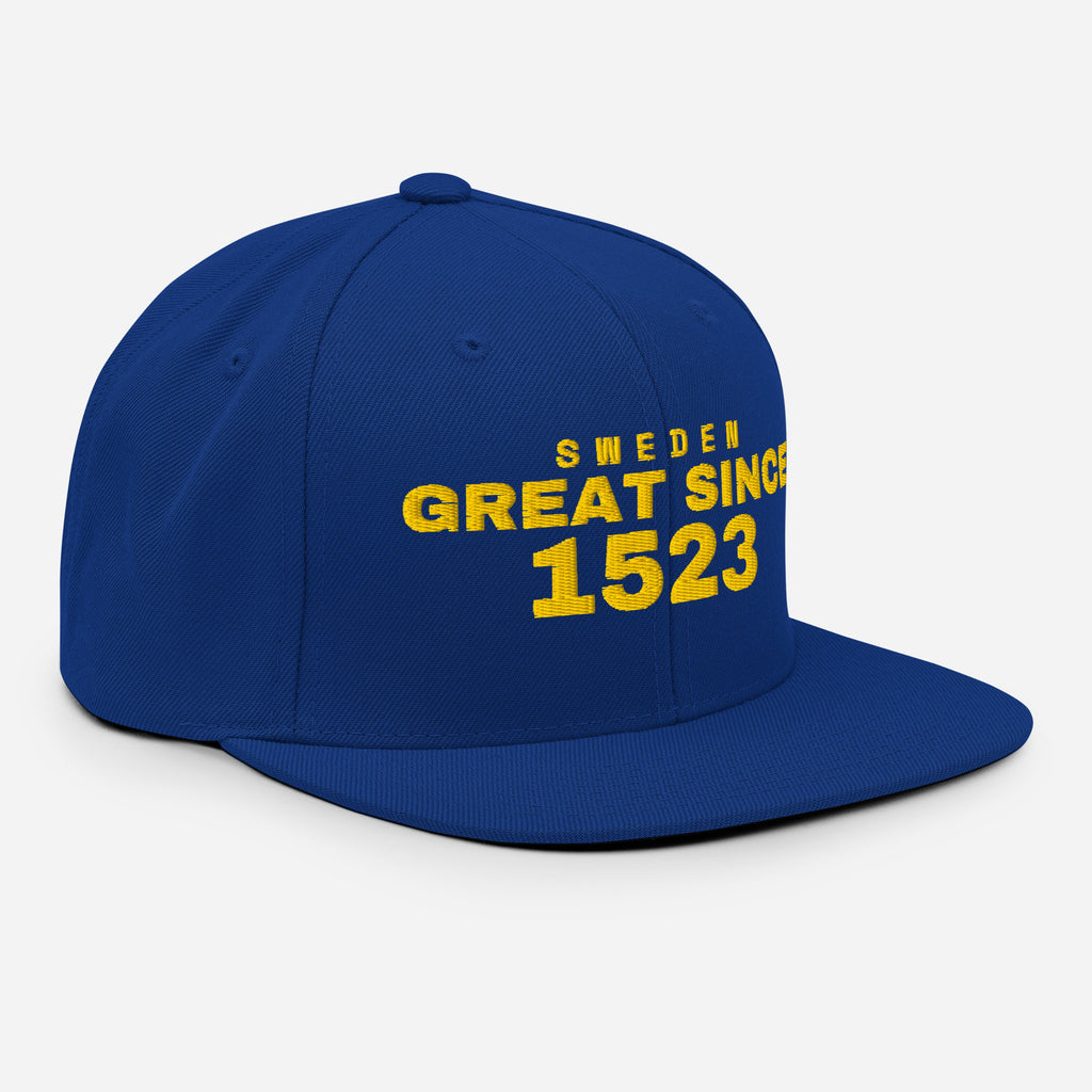 Royal blue snapback cap with SWEDEN GREAT SINCE 1523 embroidery