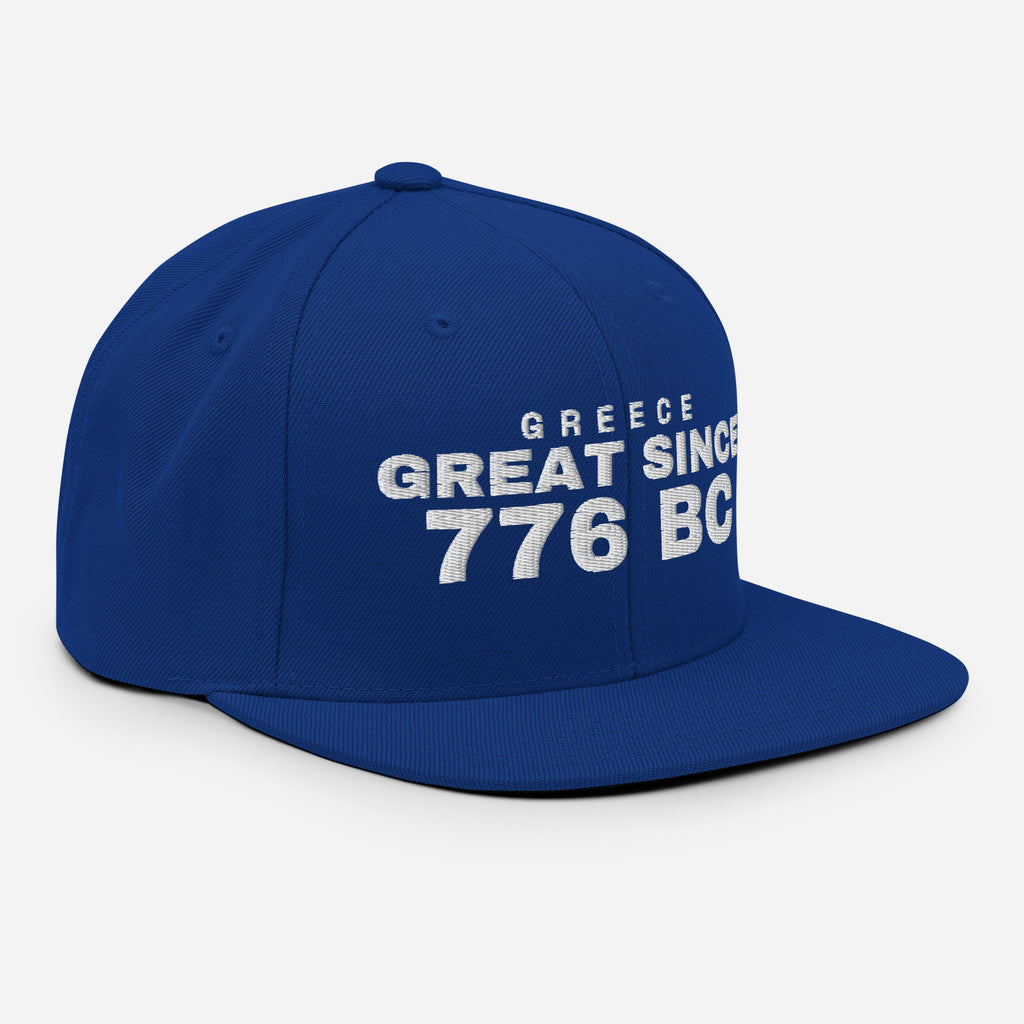 Royal blue snapback cap with GREECE GREAT SINCE 776 BC embroidery