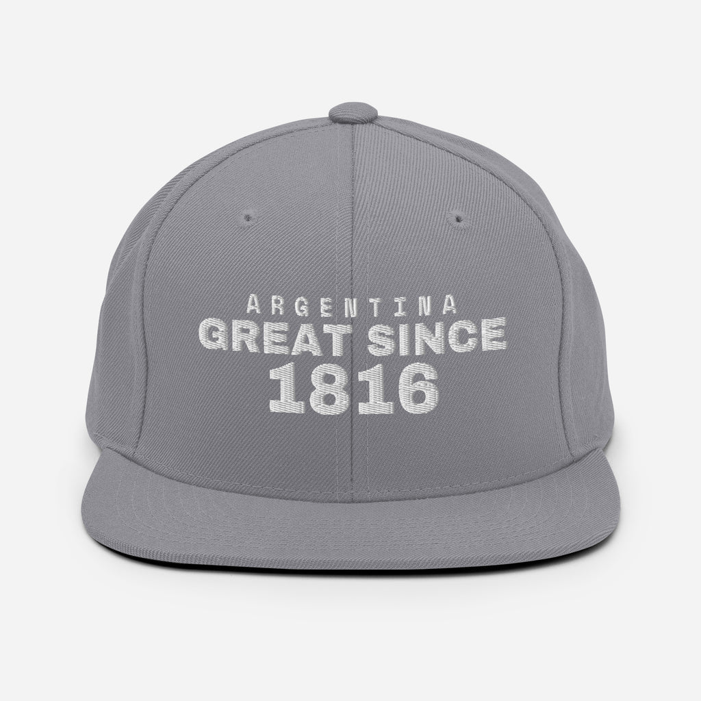 Silver snapback cap with ARGENTINA GREAT SINCE 1816 embroidery