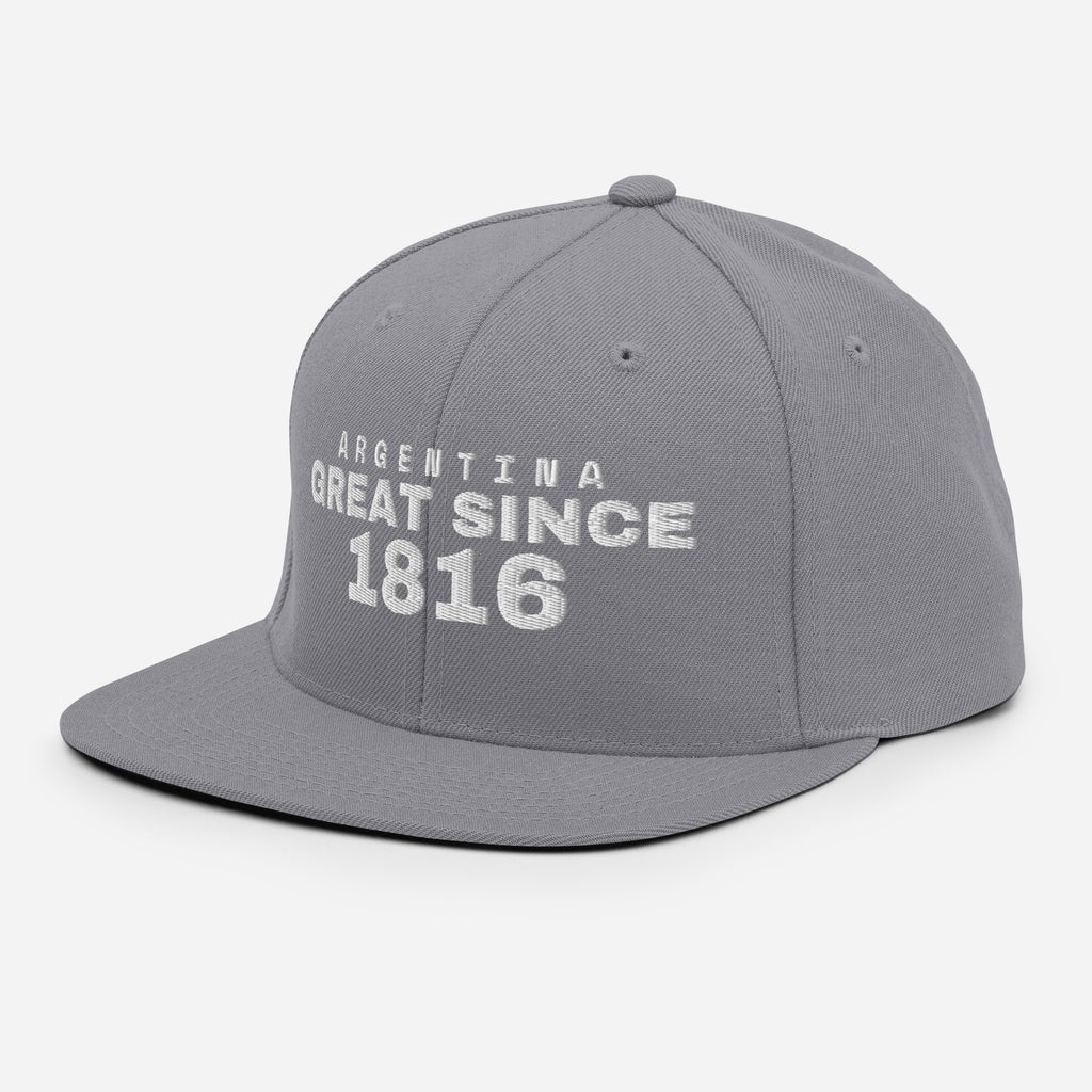 Silver snapback cap with ARGENTINA GREAT SINCE 1816 embroidery