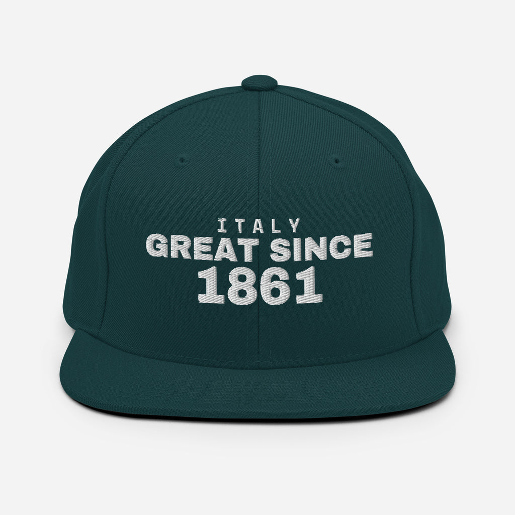 Spruce green snapback cap with ITALY GREAT SINCE 1861 embroidery