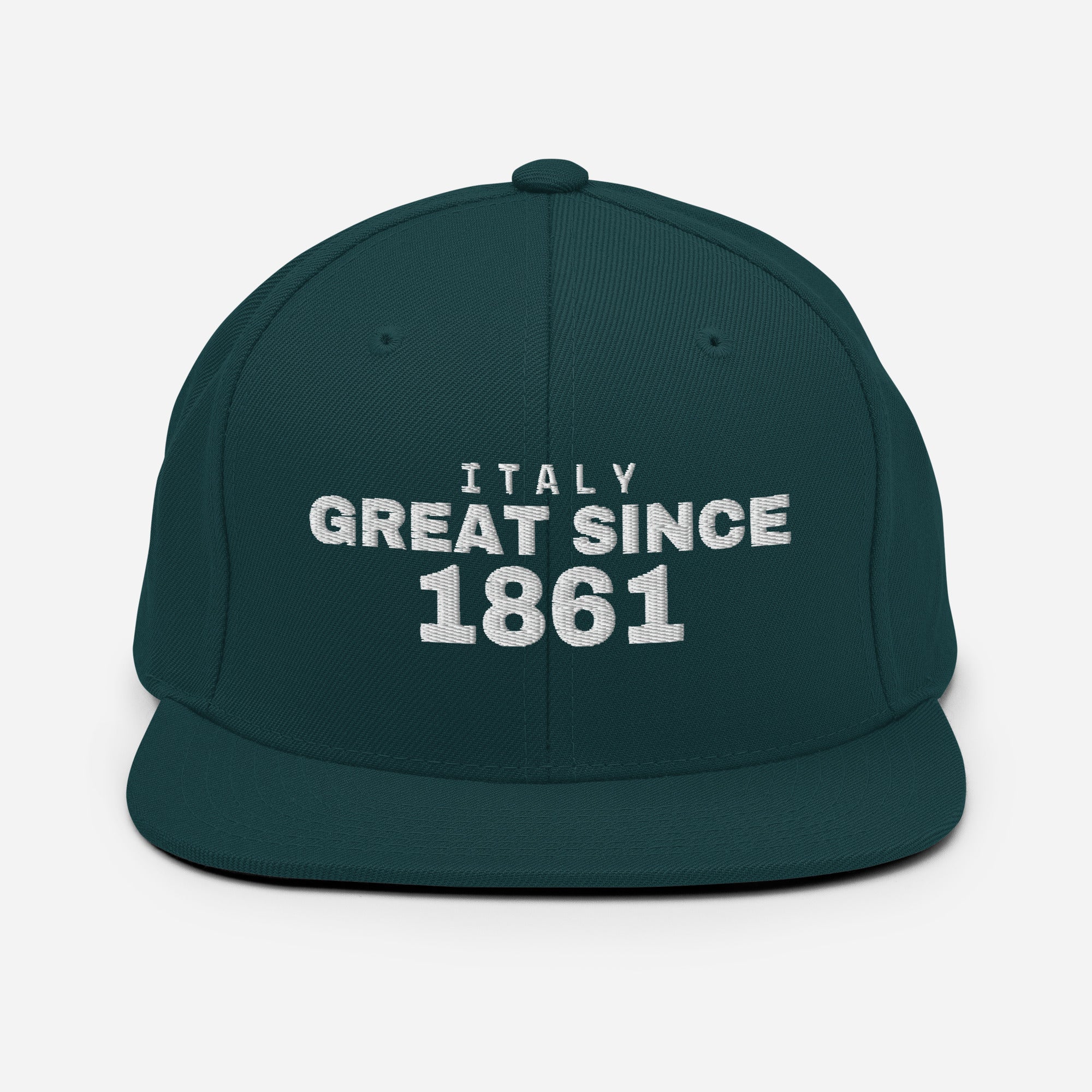 Spruce green snapback cap with ITALY GREAT SINCE 1861 embroidery