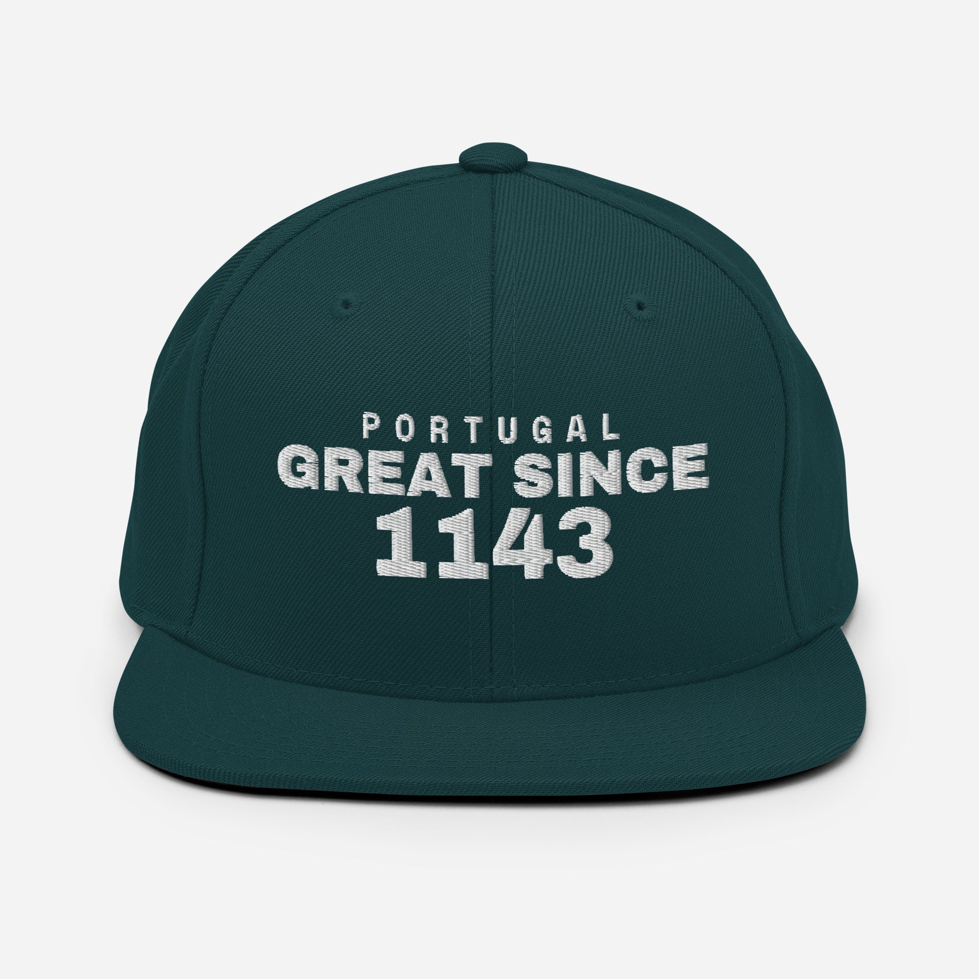 Spruce green snapback cap with PORTUGAL GREAT SINCE 1143 embroidery