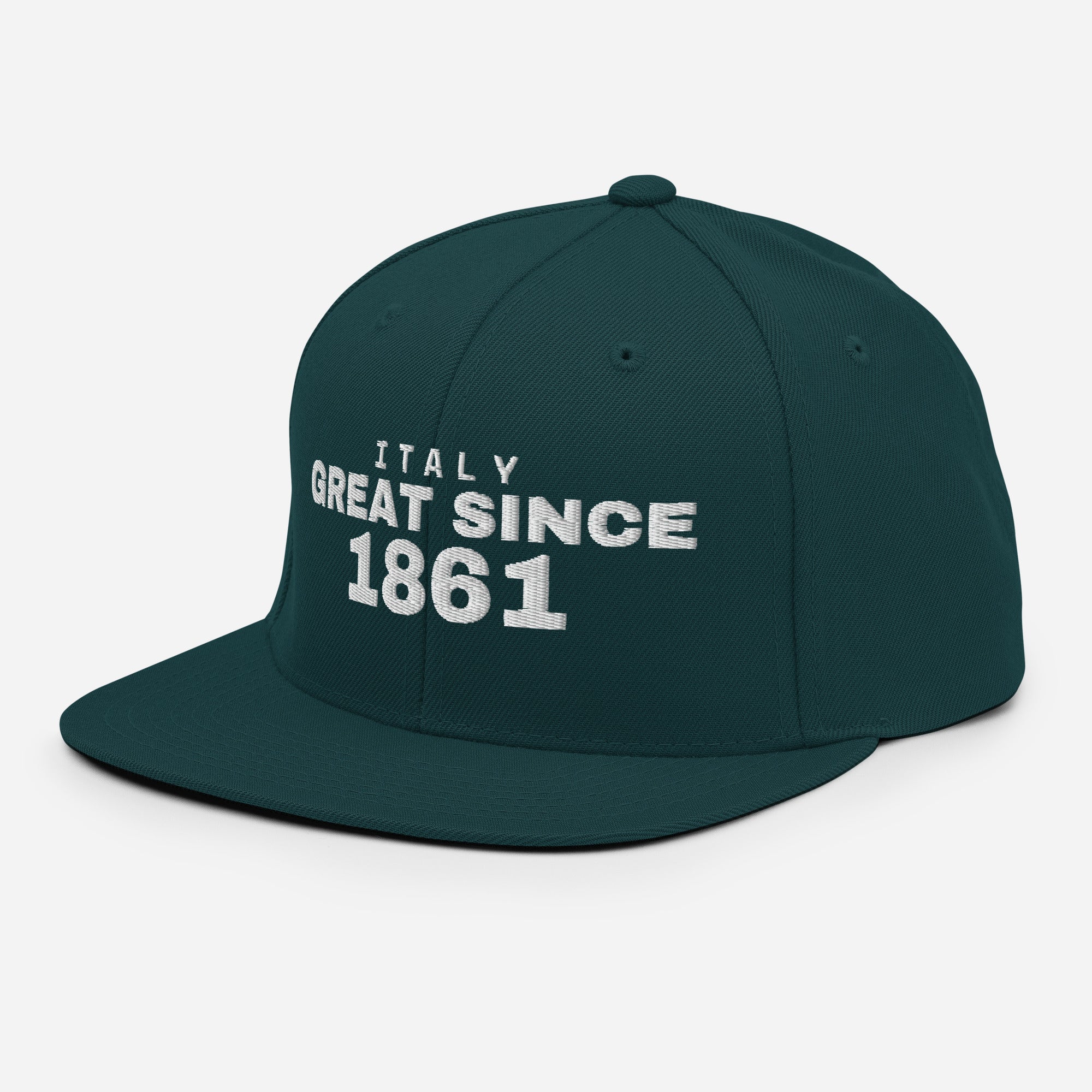 Spruce green snapback cap with ITALY GREAT SINCE 1861 embroidery