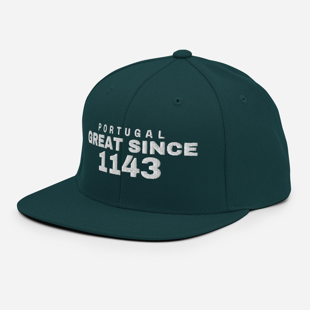Spruce green snapback cap with PORTUGAL GREAT SINCE 1143 embroidery
